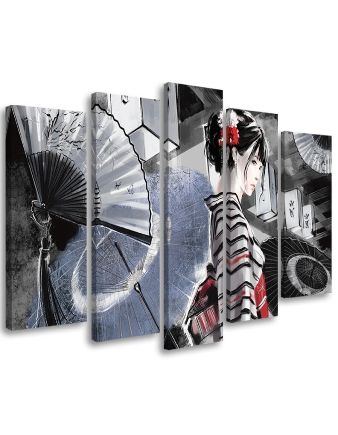 Canvas print for bedroom 5 parts - Geisha with fan | FEEBY