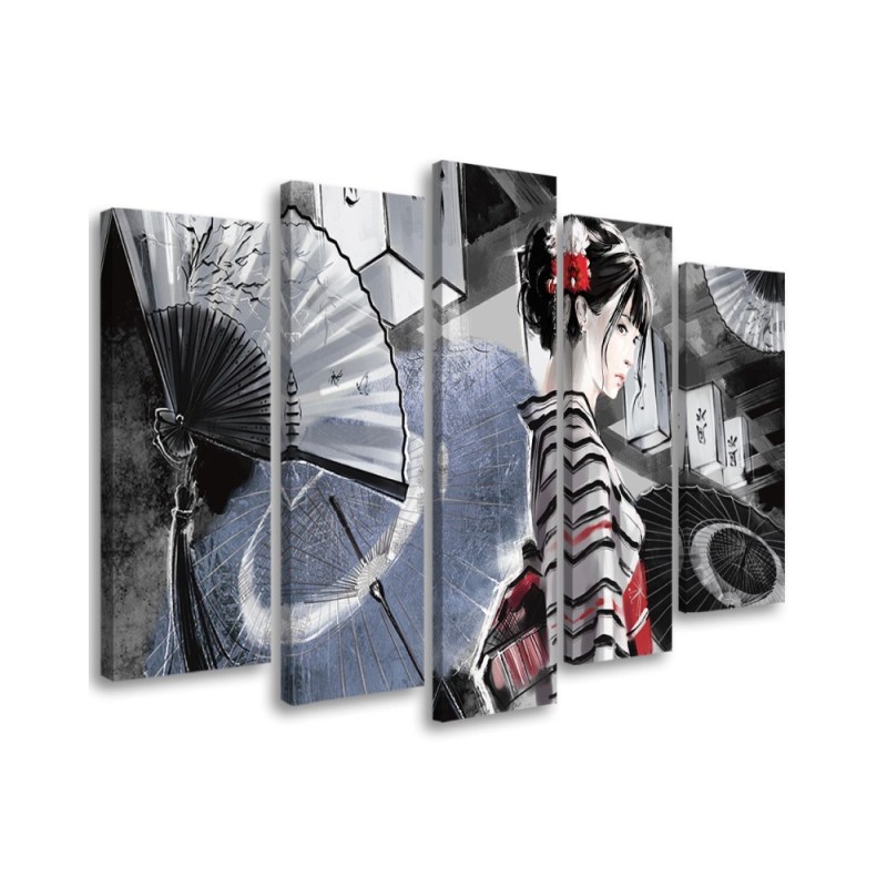Canvas print for bedroom 5 parts - Geisha with fan | FEEBY