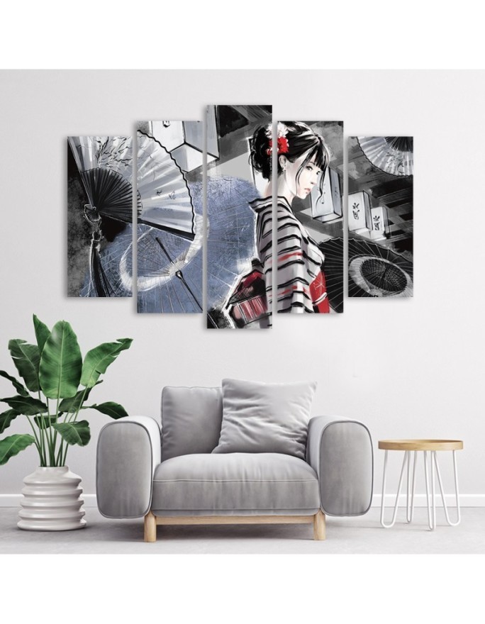 Canvas print for bedroom 5 parts - Geisha with fan | FEEBY