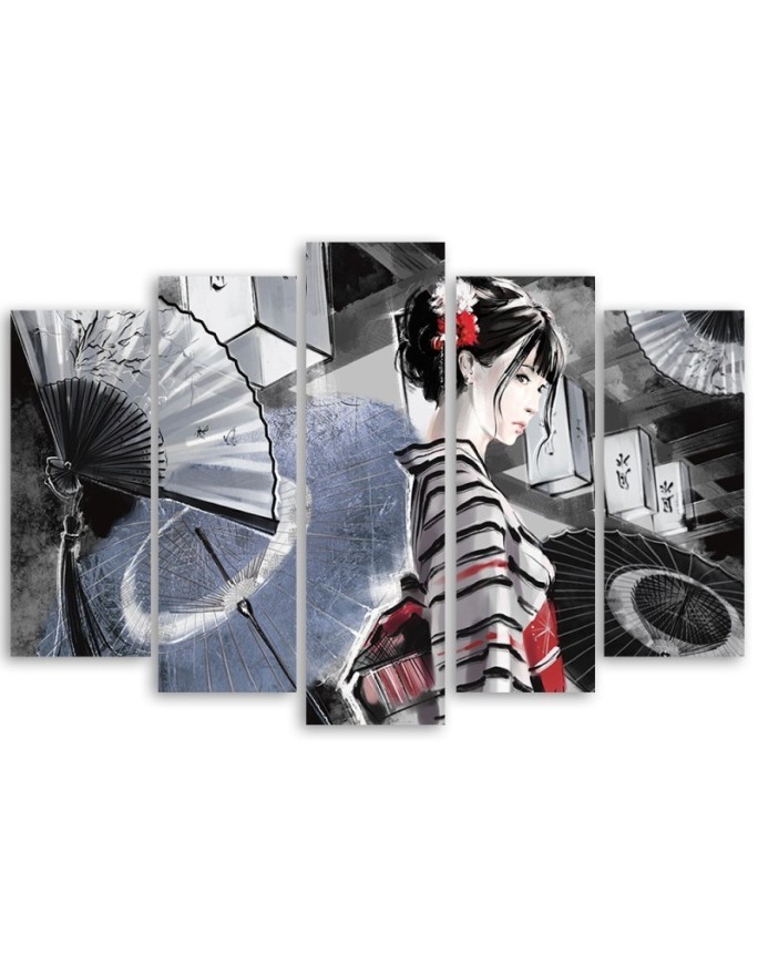 Canvas print for bedroom 5 parts - Geisha with fan | FEEBY