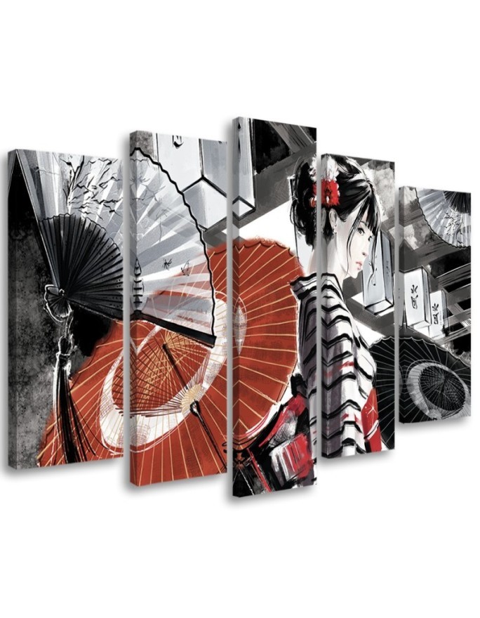 Canvas print for bedroom 5 parts - Geisha with fan | FEEBY