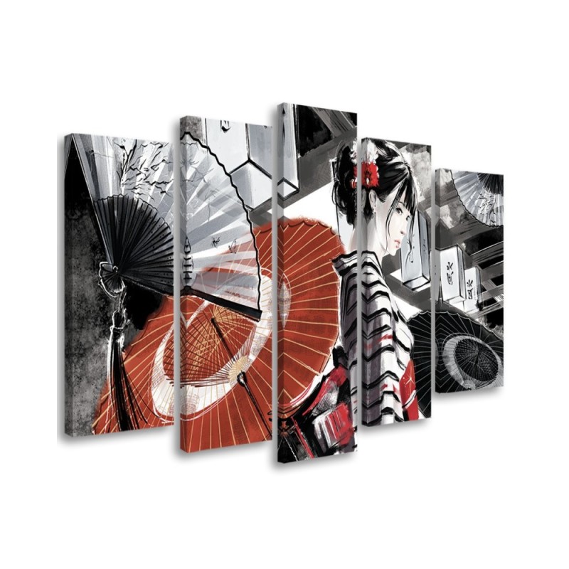 Canvas print for bedroom 5 parts - Geisha with fan | FEEBY