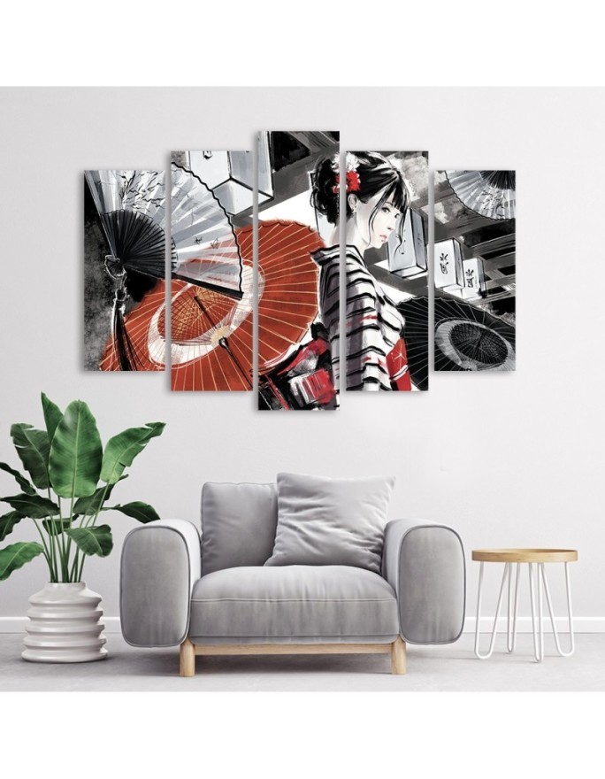 Canvas print for bedroom 5 parts - Geisha with fan | FEEBY