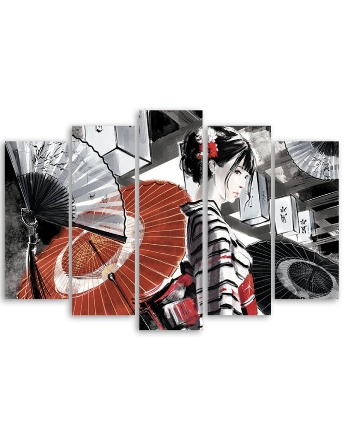 Canvas print for bedroom 5 parts - Geisha with fan | FEEBY