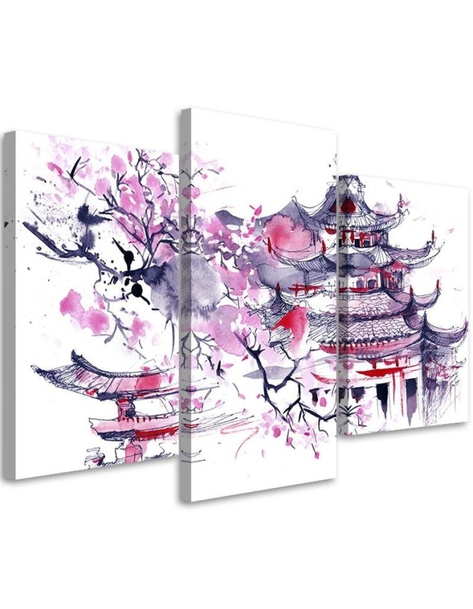 Triptych print painting - Painted Japanese pagoda and cherry blossom | FEEBY