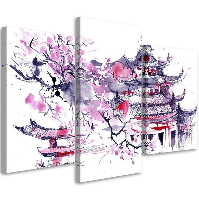 Triptych print painting - Painted Japanese pagoda and cherry blossom | FEEBY
