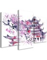 Triptych print painting - Painted Japanese pagoda and cherry blossom | FEEBY