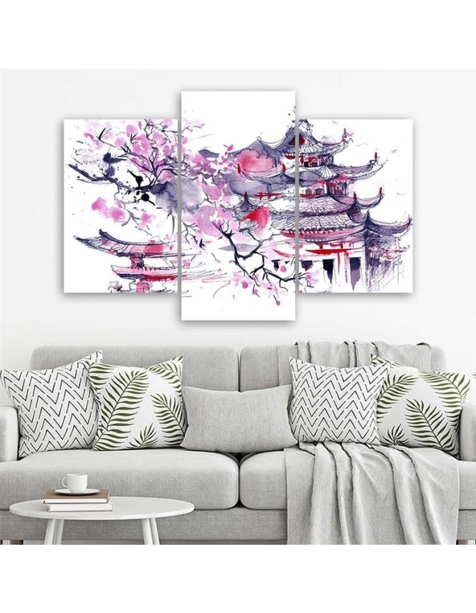 Triptych print painting - Painted Japanese pagoda and cherry blossom | FEEBY