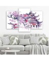 Triptych print painting - Painted Japanese pagoda and cherry blossom | FEEBY