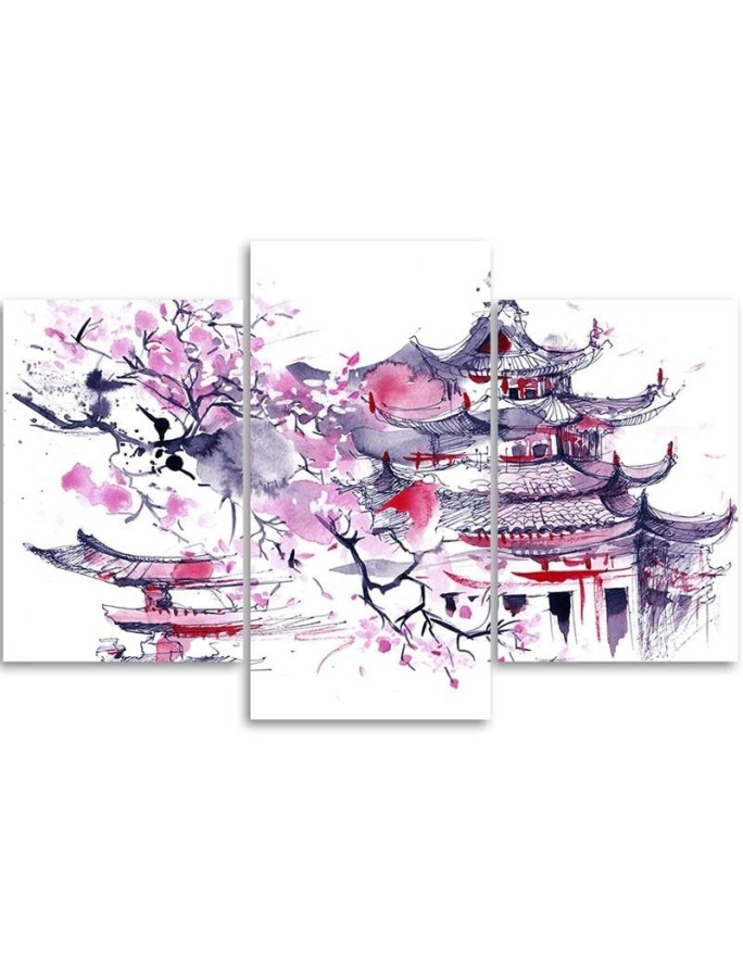 Triptych print painting - Painted Japanese pagoda and cherry blossom | FEEBY