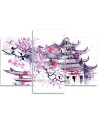 Triptych print painting - Painted Japanese pagoda and cherry blossom | FEEBY