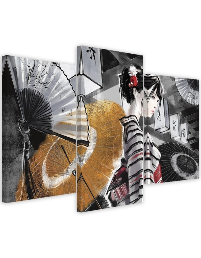 Bedroom triptych painting - Geisha with fan | FEEBY