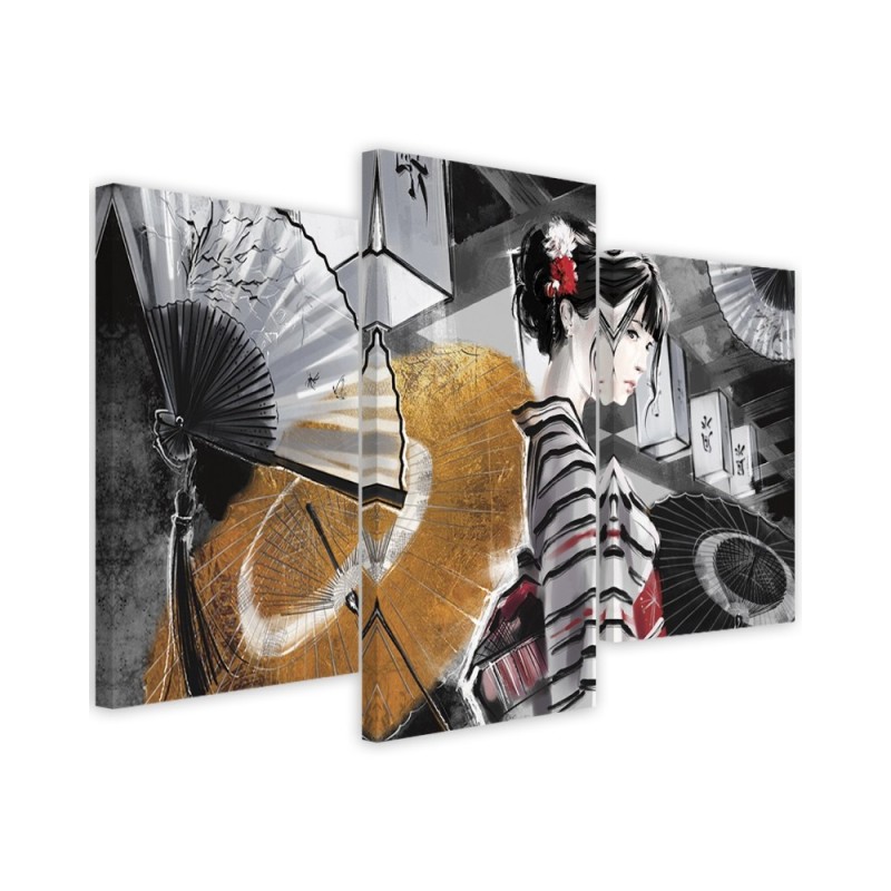 Bedroom triptych painting - Geisha with fan | FEEBY