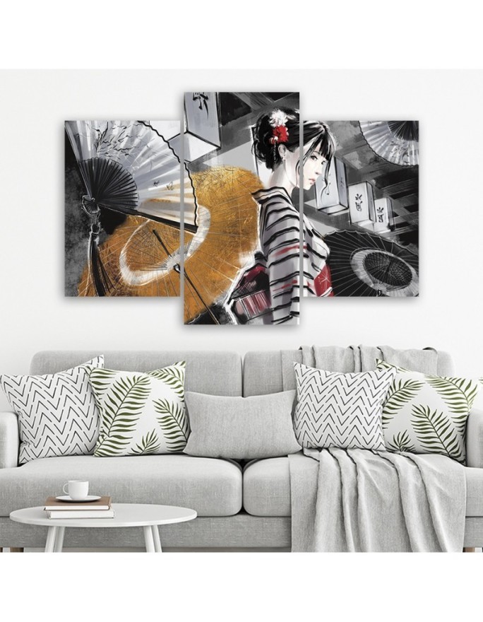 Bedroom triptych painting - Geisha with fan | FEEBY