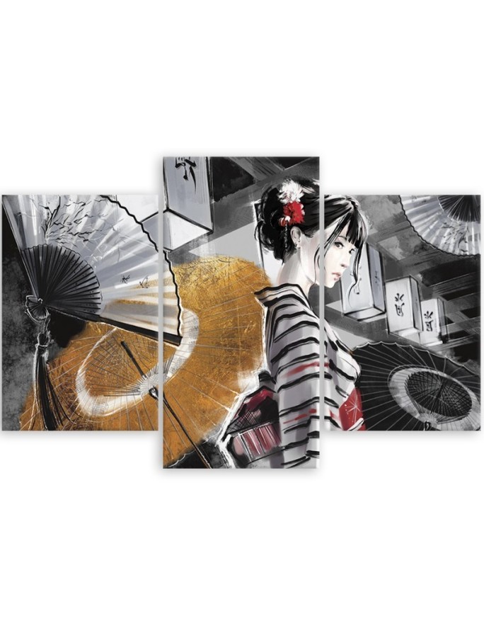 Bedroom triptych painting - Geisha with fan | FEEBY