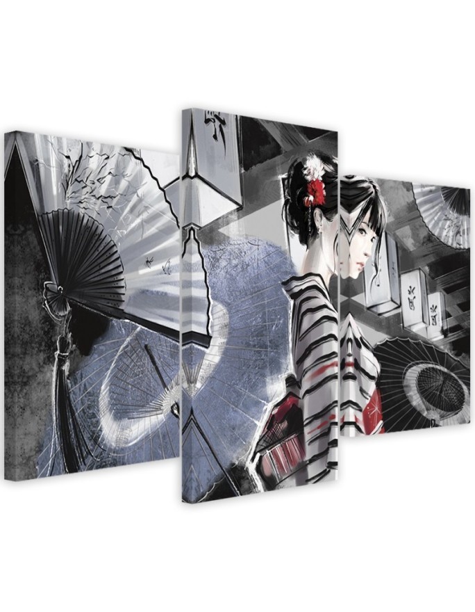 Bedroom triptych painting - Geisha with fan | FEEBY