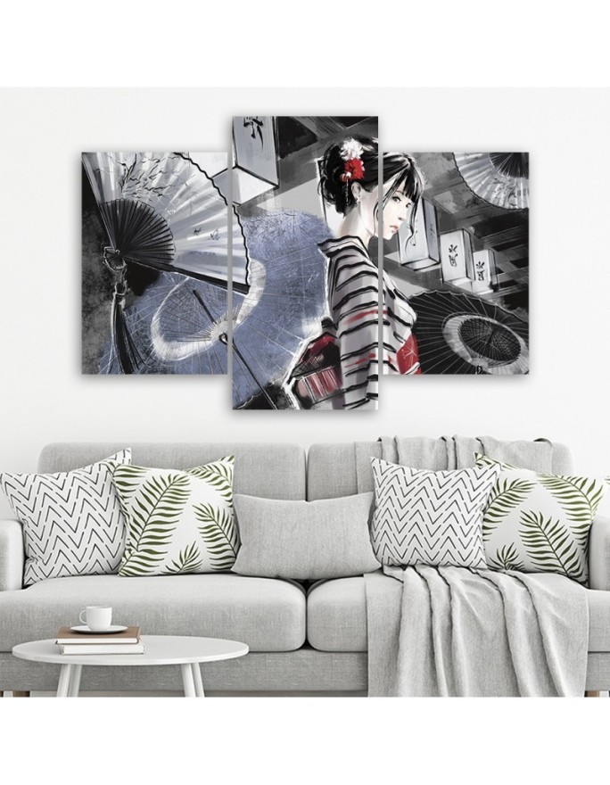 Bedroom triptych painting - Geisha with fan | FEEBY