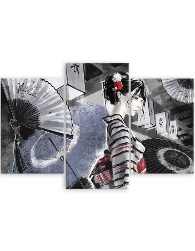 Bedroom triptych painting - Geisha with fan | FEEBY