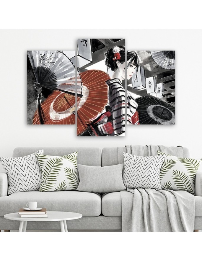 Bedroom painting triptych - Geisha with fan | FEEBY