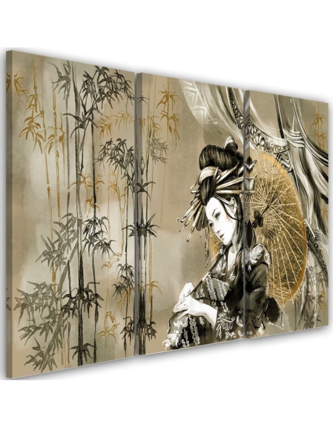 Canvas print for bedroom triptych - Geisha and bamboos | FEEBY