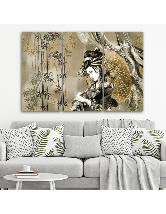 Canvas print for bedroom triptych - Geisha and bamboos | FEEBY