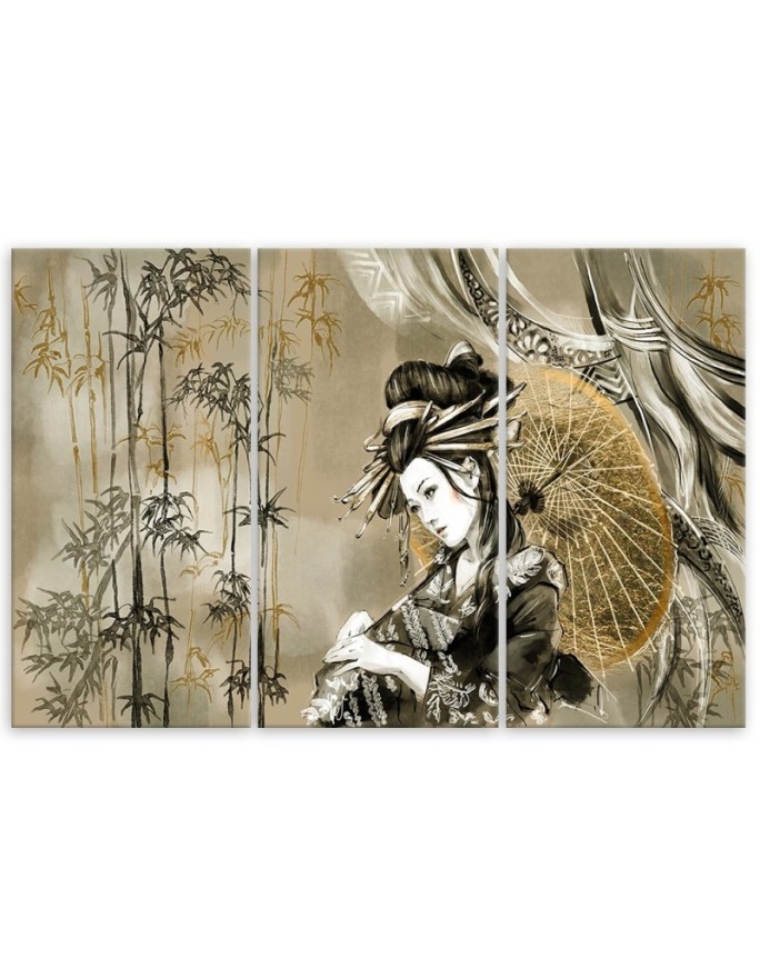 Canvas print for bedroom triptych - Geisha and bamboos | FEEBY