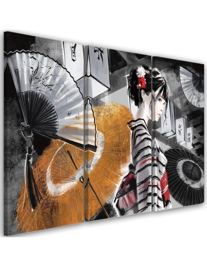 Bedroom triptych painting - Geisha with fan | FEEBY