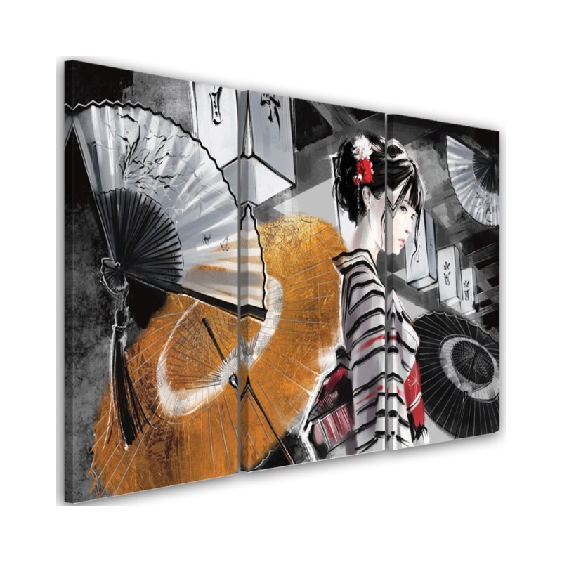 Bedroom triptych painting - Geisha with fan | FEEBY