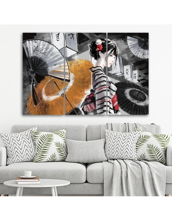 Bedroom triptych painting - Geisha with fan | FEEBY