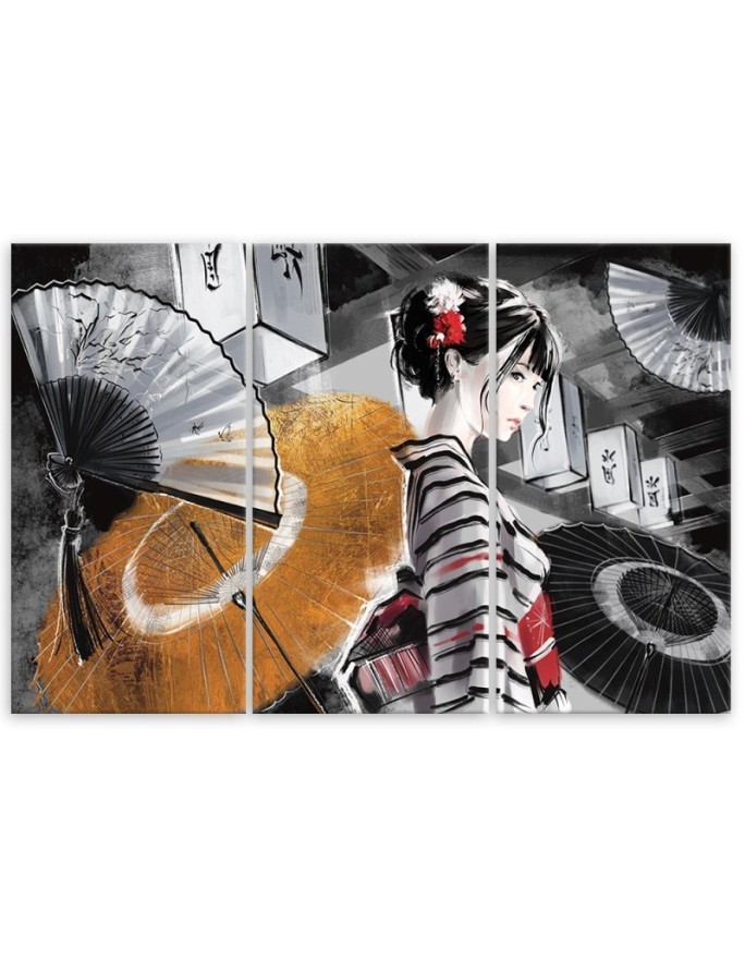 Bedroom triptych painting - Geisha with fan | FEEBY