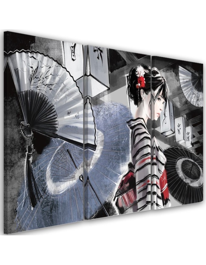 Bedroom triptych painting - Geisha with fan | FEEBY