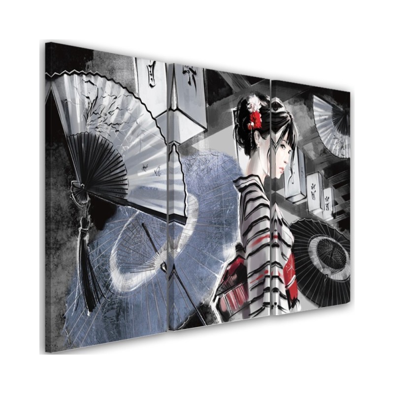 Bedroom triptych painting - Geisha with fan | FEEBY