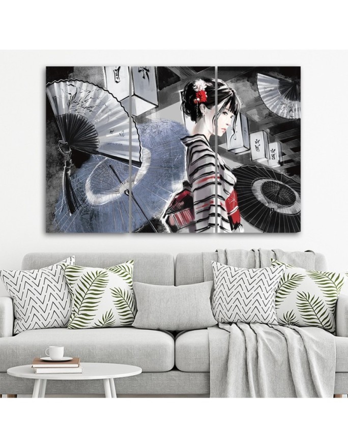 Bedroom triptych painting - Geisha with fan | FEEBY
