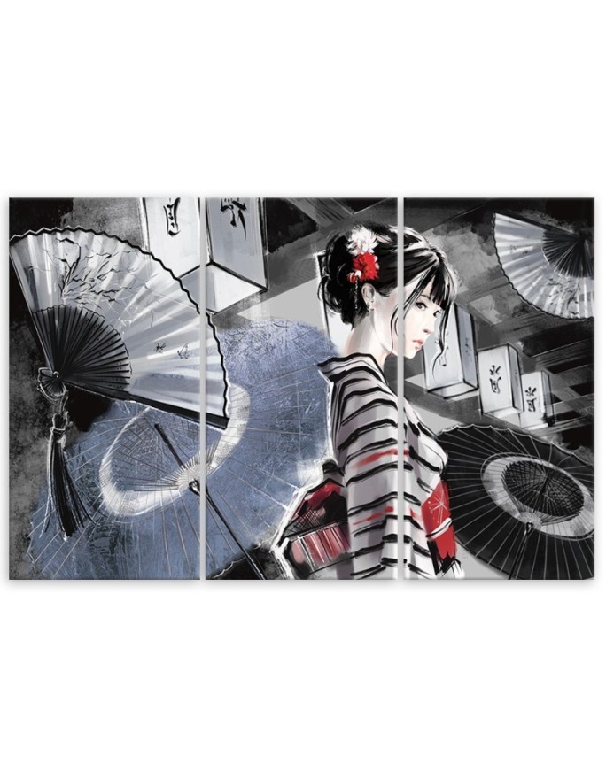 Bedroom triptych painting - Geisha with fan | FEEBY