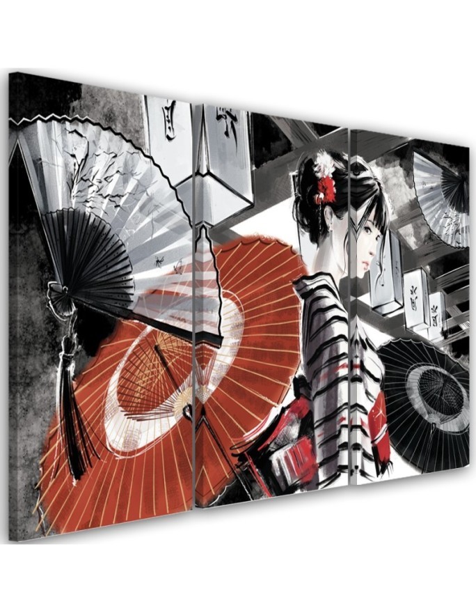 Canvas print for bedroom triptych - Geisha with fan | FEEBY