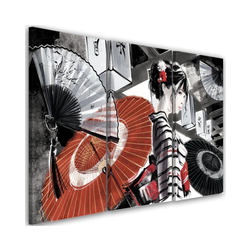 Canvas print for bedroom triptych - Geisha with fan | FEEBY