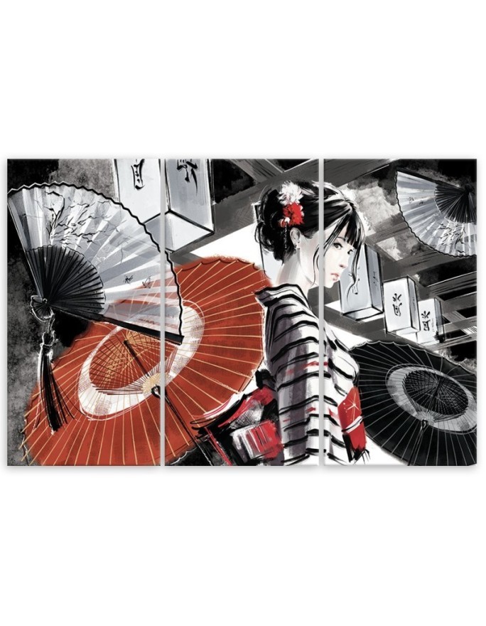 Canvas print for bedroom triptych - Geisha with fan | FEEBY