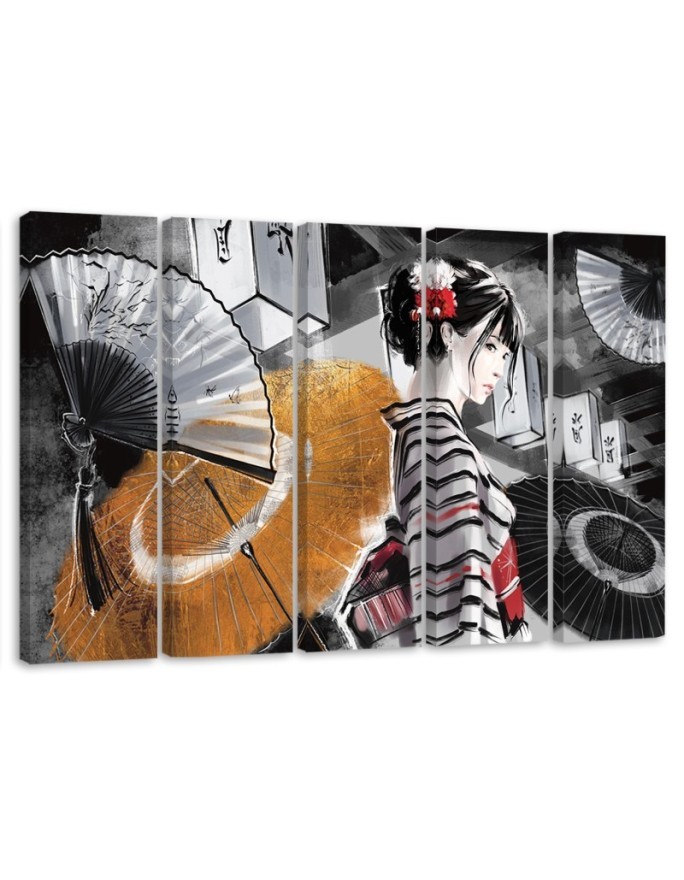 Canvas print for bedroom 5 parts - Geisha with fan | FEEBY