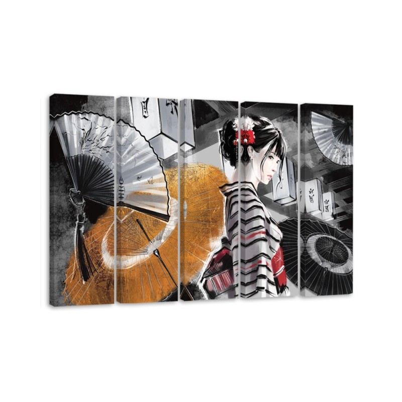 Canvas print for bedroom 5 parts - Geisha with fan | FEEBY