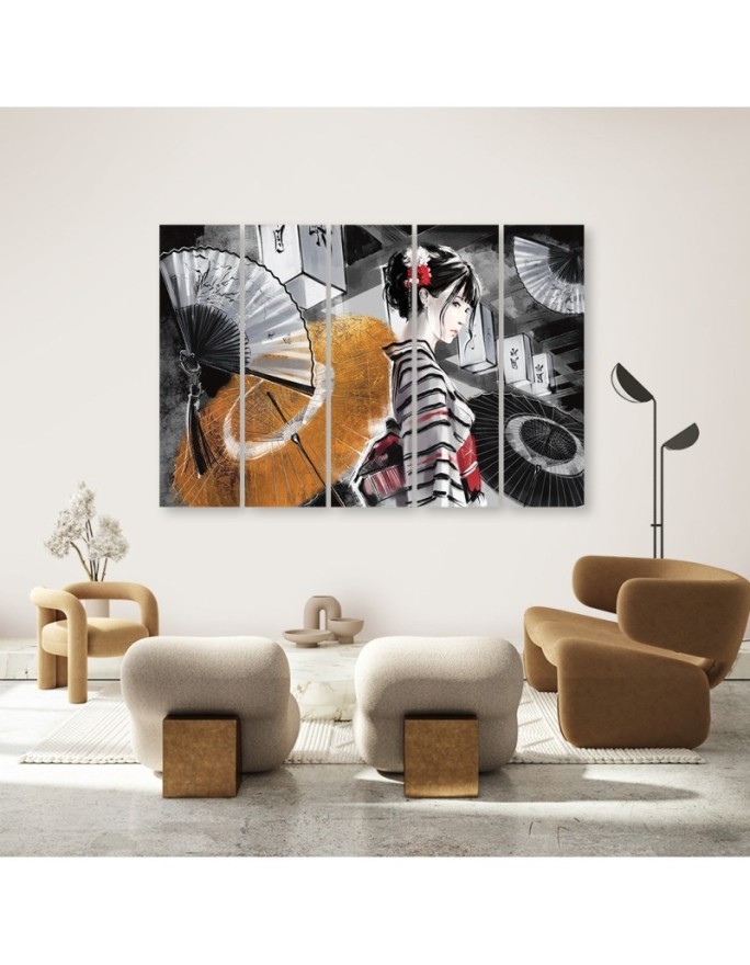 Canvas print for bedroom 5 parts - Geisha with fan | FEEBY