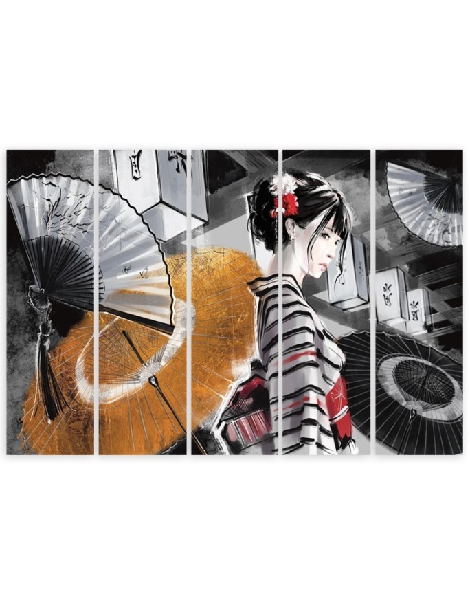 Canvas print for bedroom 5 parts - Geisha with fan | FEEBY