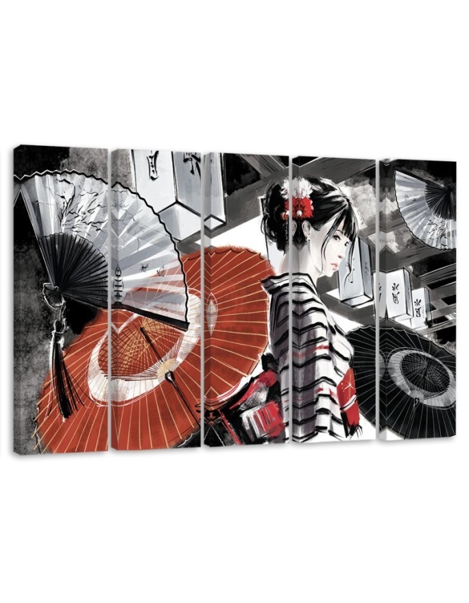 Canvas print for bedroom 5 parts - Geisha with fan | FEEBY
