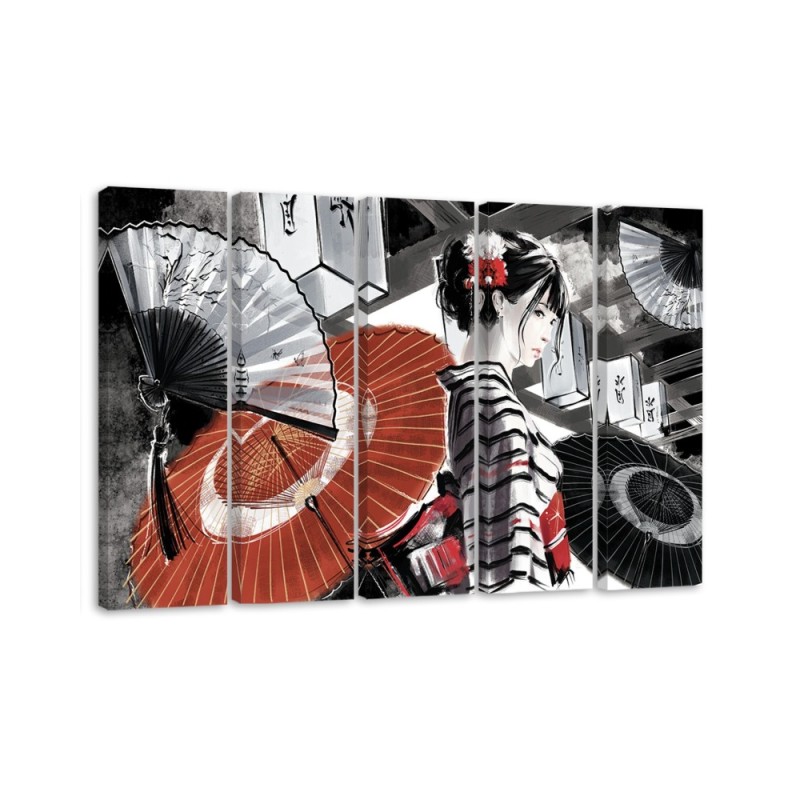Canvas print for bedroom 5 parts - Geisha with fan | FEEBY