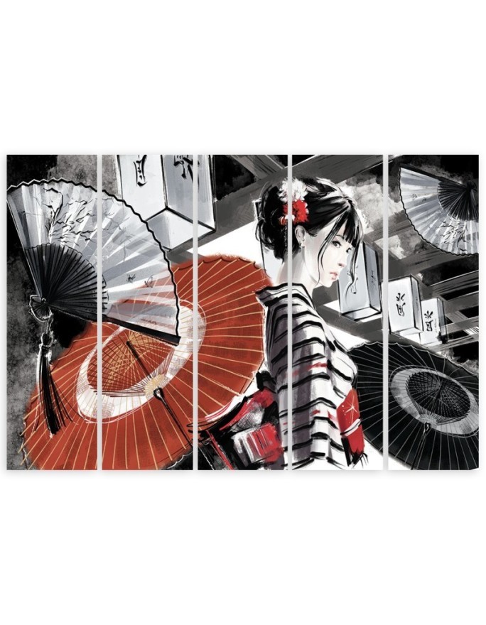 Canvas print for bedroom 5 parts - Geisha with fan | FEEBY