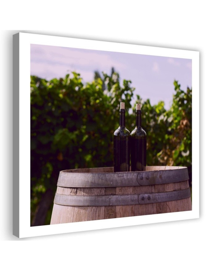 Canvas prints for the kitchen - Wine bottles and wooden barrel | FEEBY