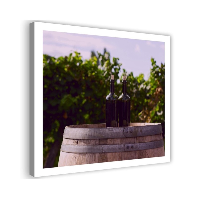 Canvas prints for the kitchen - Wine bottles and wooden barrel | FEEBY