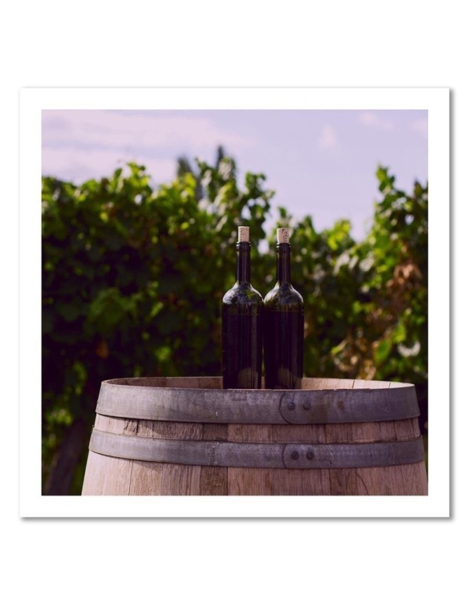 Canvas prints for the kitchen - Wine bottles and wooden barrel | FEEBY
