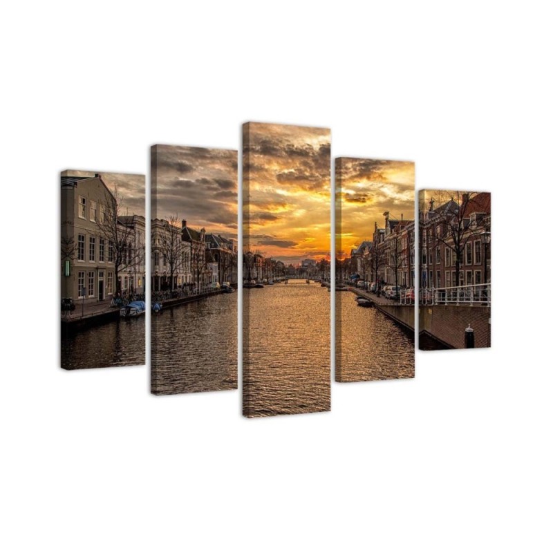 5 piece Canvas print for living room - City by the river | FEEBY
