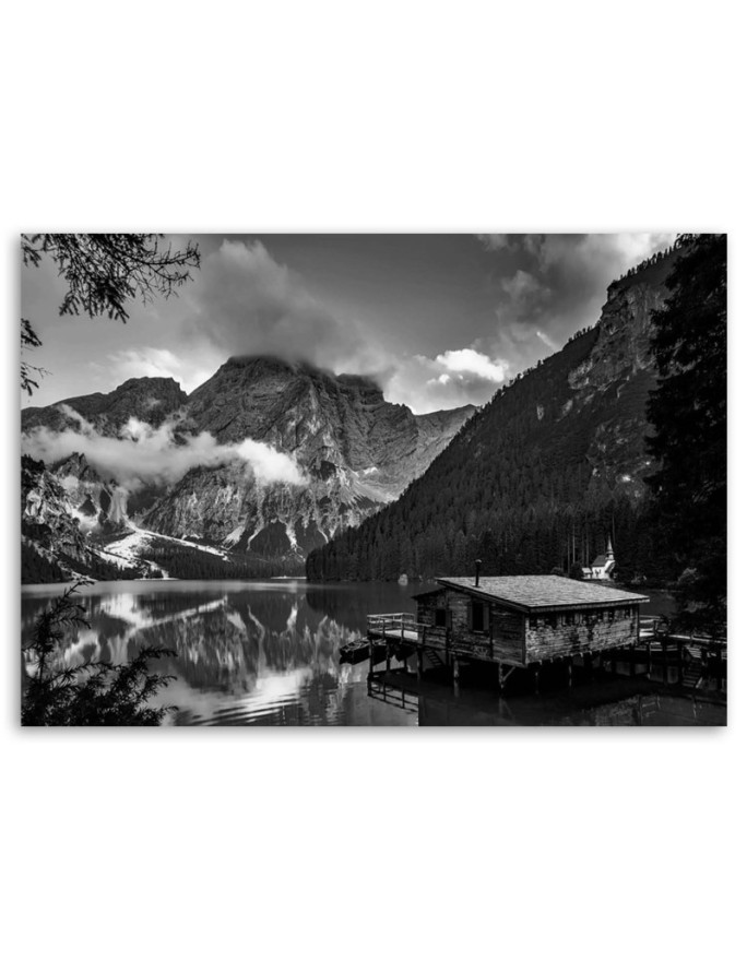 Bedroom painting - Mountain lake house black and white | FEEBY