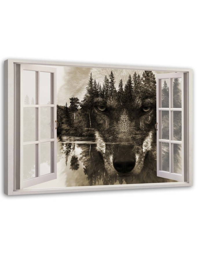 Modern Canvas painting for bedroom - Wolf window in the forest | FEEBY